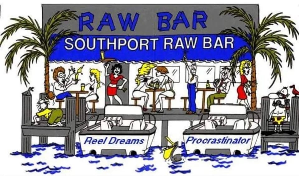 A cartoon of Southport Raw Bar: guests on the deck under the RAW BAR sign and two boats at the dock