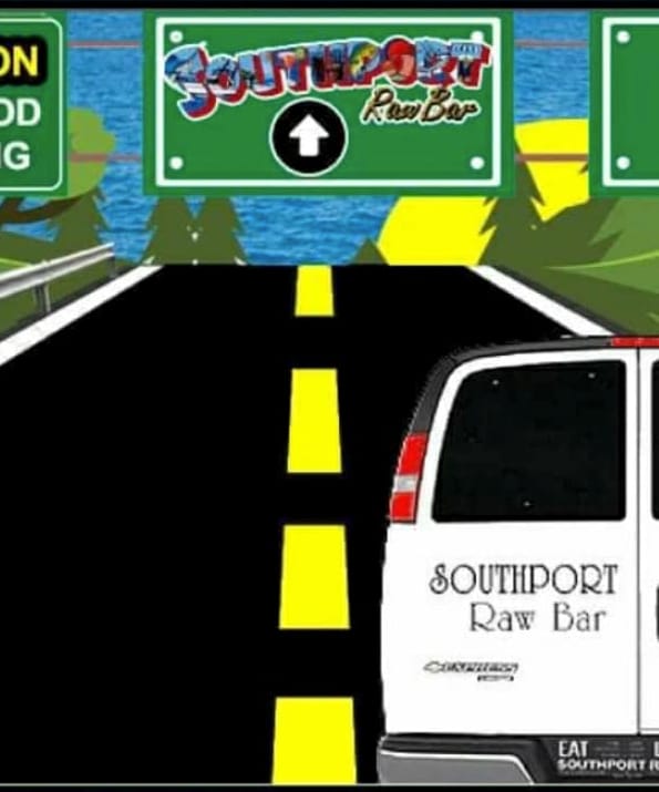 A painting of a Southport Raw Bar van on the road under a Southport sign