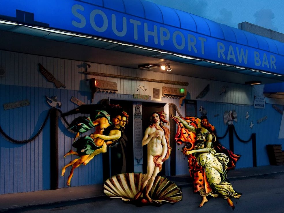 A playful montage of Botticelli’s Venus standing at the Southport Raw Bar entrance