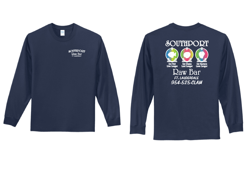 The navy Southport long-sleeve tee, front and back, with the three badges on the back